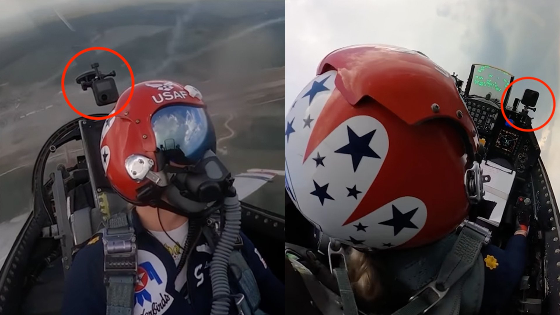 Images from a video of a Thunderbirds show in Mississippi show the position of cameras in the plane's cockpit, including one attached to the jet's canopy behind the pilot.