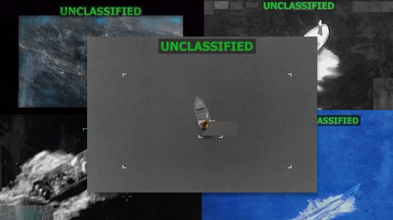 A photo composite showing a screenshot from the recent strike posted by U.S. Southern Command alongside screenshots of older strikes.