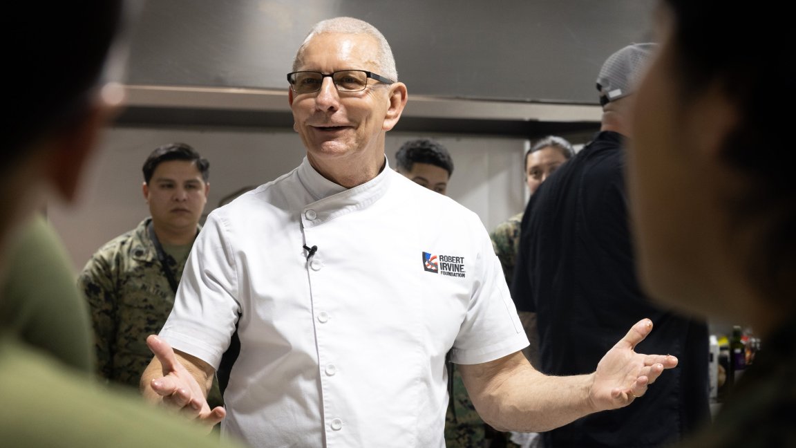 Robert Irvine, a chef and television show host, speaks to U.S. Marines and Army Soldiers during a cooking competition as part of an Armed Forces Entertainment visit after Exercise Joint Viking 25 in Setermoen, Norway, March 15, 2025. U.S. Marines are in Norway as part of exercise Joint Viking 25, a Norwegian military exercise focusing on arctic cold-weather training and military-to-military engagements. The exercise demonstrates the Marine Corps' unique ability to rapidly deploy during a crisis and aims to enhance interoperability between the U.S. Marine Corps and NATO allies and partners. (U.S. Marine Corps photo by Sgt. Antonino Mazzamuto)