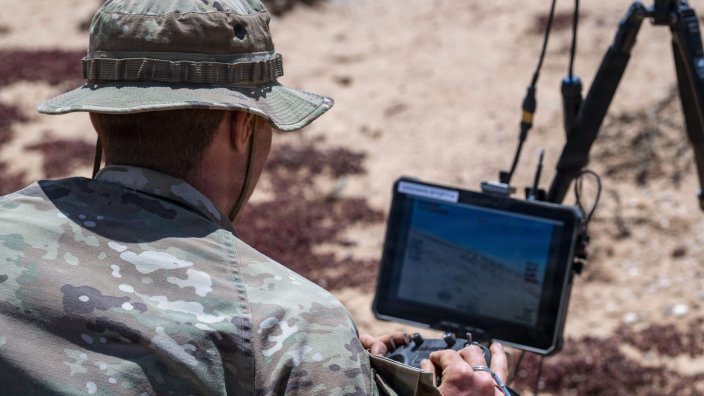 U.S. Army Spc. Liam Gallagher, an infantryman with Dog Company, 1st Battalion, 503rd Infantry Regiment, 173rd Mobile Brigade Combat Team (Airborne), operates a drone during African Lion 26 at Cap Draa, Tan-Tan, Morocco, April 24, 2026. The exercise served as a multidomain training and experimentation center - Morocco, where service members tested artificial intelligence-powered and autonomous platforms, remote systems, and emerging technologies across attack, defense and mission command operations. The experimentation accelerated target detection, shortened decision timelines and delivered cost-effective warfighting solutions aligned with African partner priorities. AL26 is U.S. Africa Command's largest annual joint exercise, designed to strengthen collective security capabilities of the U.S., African nations and global allies. Led by U.S. Army Southern European Task Force, Africa (SETAF-AF) from April 20 to May 8, 2026, and hosted in Ghana, Morocco, Senegal and Tunisia, AL26 involves over 5,600 civilian and military personnel from more than 40 nations, using innovation to drive partner-led regional security. (U.S. Navy photo by Mass Communication Specialist 2nd Class Samuel Wagner)