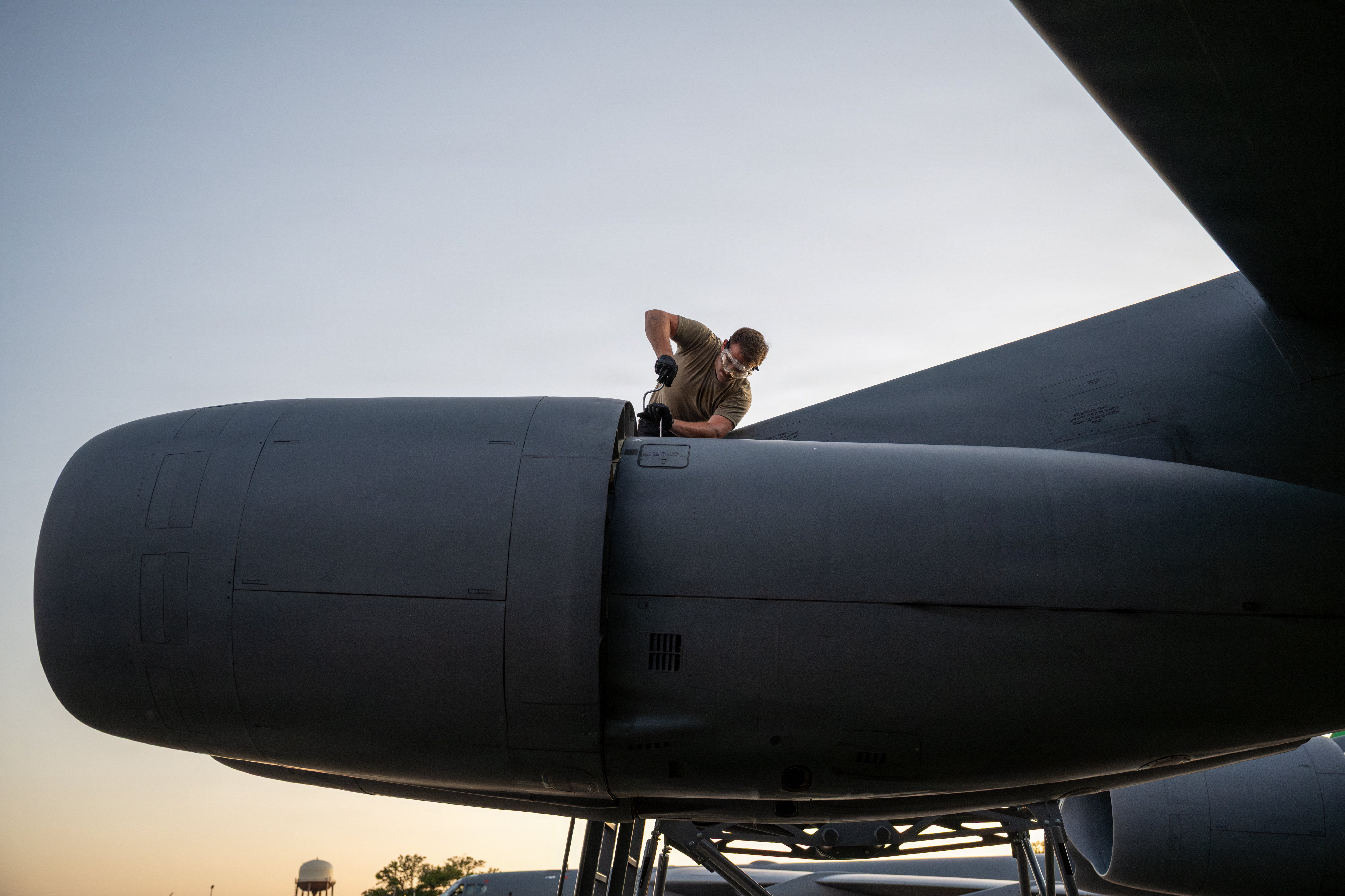 U.S. Air Force Airman Jonathan Eakin, 96th Bomber Generation Squadron crew chief, conducts a postflight inspection on a B-52H Stratofortress aircraft during Exercise Bayou Vigilance 26-2 at Barksdale Air Force Base, Louisiana, May 12, 2026. The exercise focused on the training and readiness of Airmen directly involved in bomber operations. (U.S. Air Force photo by Senior Airman Devyn Taylor)