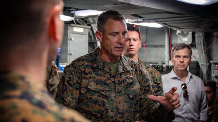 U.S. Marine Corps Gen. Francis L. Donovan, commander, U.S. Southern Command, speaks with Marines assigned to 3rd Battalion, 2nd Marine Regiment, Littoral Combat Force-24, during an operational site survey aboard San Antonio-class amphibious transport dock (LPD 28) at La Guaira, Venezuela, June 6, 2026. At the direction of U.S. Southern Command, assigned U.S. military forces are supporting Department of State-led U.S. disaster assistance to the people of Venezuela in the aftermath of the June 24, 2026, earthquakes. (U.S. Marine Corps photo)