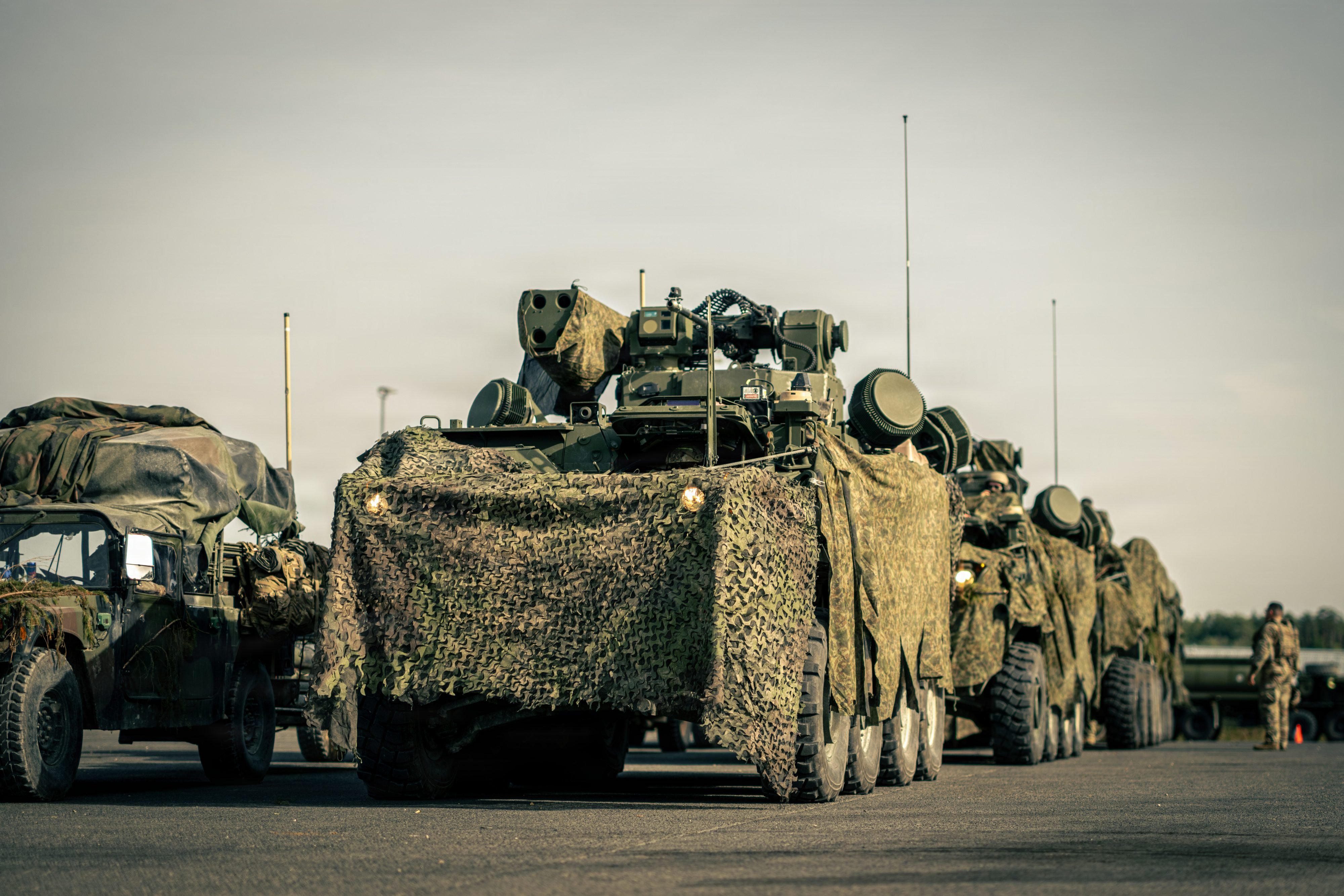 U.S. Army SGT STOUT Maneuver Short-Range Air Defense vehicles assigned to A Battery, 5th Battalion, 4th Air Defense Artillery Regiment, 52D Air Defense Artillery Brigade, prepare to move into the box during Saber Junction 26 at the Joint Multinational Readiness Center in Hohenfels, Germany, Aug. 27, 2026. The air defense crews established local air superiority to protect friendly field artillery positions from enemy aerial reconnaissance and precision-strike threats during the rotation (U.S. Army photo by Sgt. Luis Garcia).