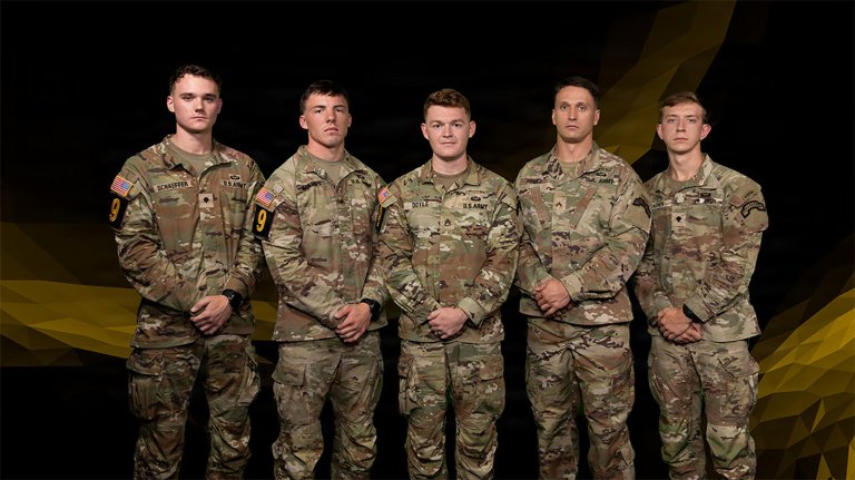 From left, U.S. Army Spc. William Schaeffer, Sgt. William Masters, Staff Sgt. Colin Doyle, Cpl. Michael Shield and Spc. Marshall Garren, representing United States Army Special Operations Command, pose for their official team photo in preparation for Best Squad Competition 2026 at Fort Benning, Georgia, September 10, 2026. The annual competition tests the squads’ proficiency in their warrior tasks and battle drills to identify the most cohesive, highly trained, disciplined and fit team that is ready to fight and win, while demonstrating commitment to the Army Values and Warrior Ethos. (U.S. Army photo illustration by Staff Sgt. Daniel Hernandez)
