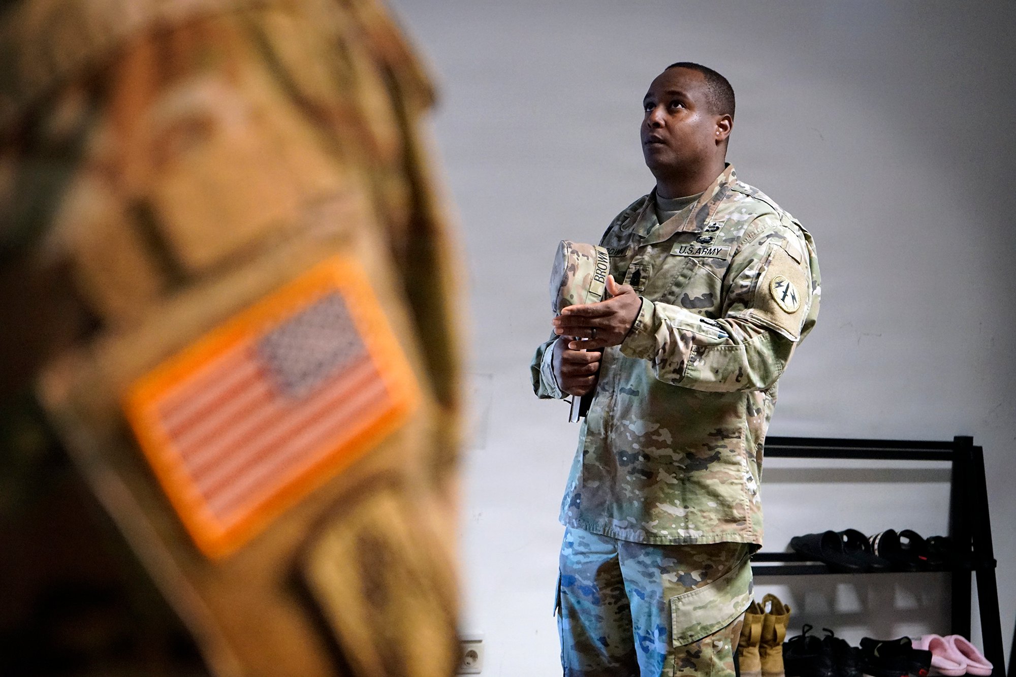 A noncommissioned officer conducts a routine inspection of a Soldier’s room in a barracks on Lucius D. Clay Kaserne in Wiesbaden, Germany. (U.S. Army photo by U.S. Army Garrison Wiesbaden)
