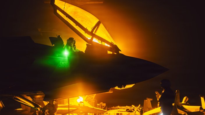 An F-35C Lightning II, attached to Strike Fighter Squadron (VFA) 147, prepares for flight on the flight deck aboard Nimitz-class aircraft carrier USS George Washington (CVN 73), Sept. 18, 2026. George Washington is deployed to the U.S. 5th Fleet area of operations to support maritime security and stability in the Middle East. (U.S. Navy photo)
