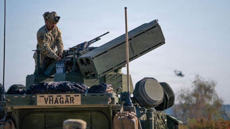 A U.S. Army Soldier assigned to 5th Battalion, 4th Air Defense Artillery Regiment, operates an air defense system during Operation Skyfall II at Grafenwoehr Training Area, Germany, Oct. 6, 2026. The operation integrated aviation platforms, air-to-ground data links, radar-enabled target handover, and C-UAS capabilities alongside 5th Battalion, 4th Air Defense Artillery Regiment. Skyfall II demonstrates the brigade’s ability to provide V Corps a ready, lethal combat aviation force capable of rapidly projecting combat power to assure Allies and Partners, deter aggression, and, if necessary, defeat near-peer adversaries. (U.S. Army Photo by Cpl. Grant Hockley)